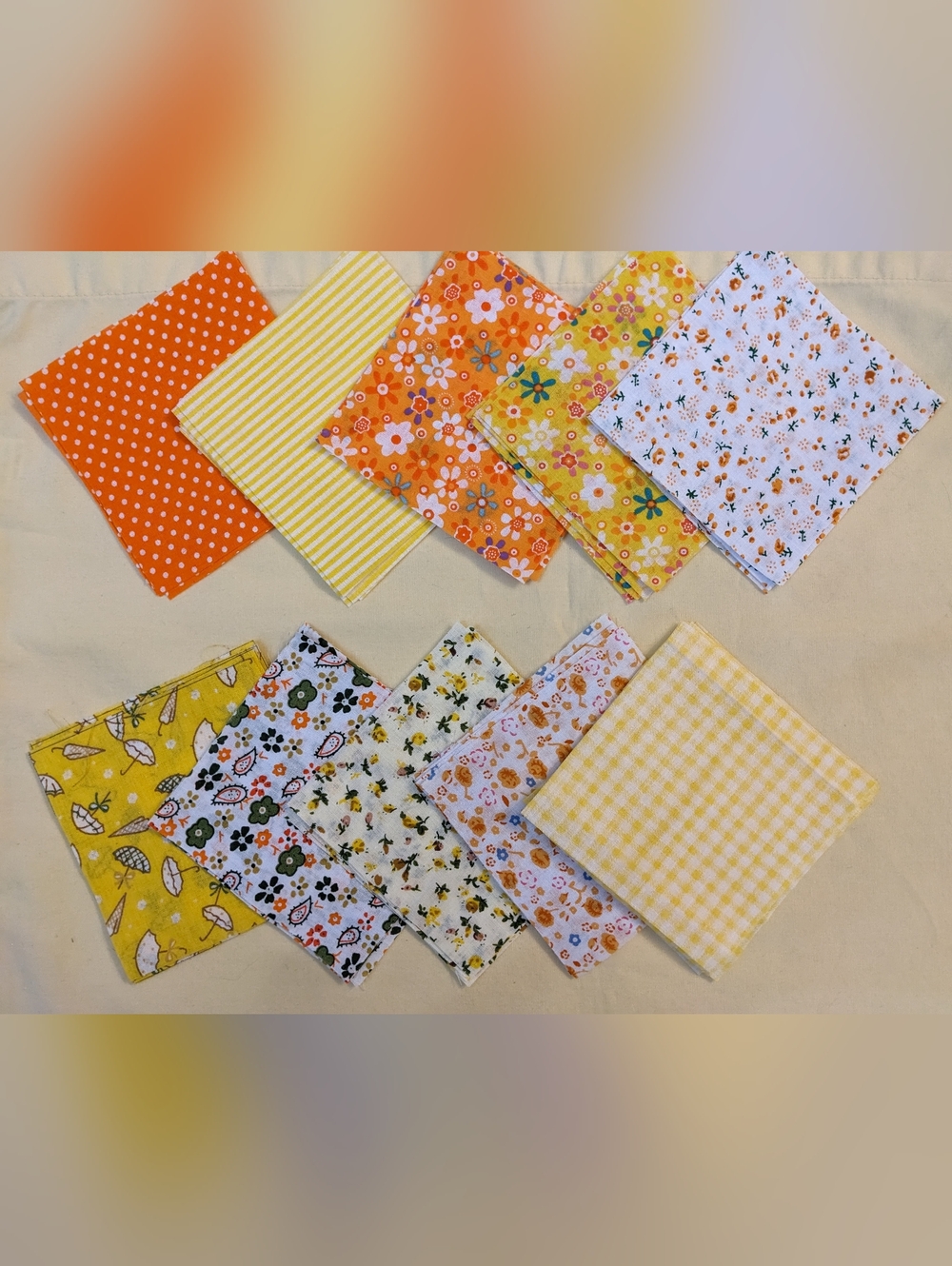 Orange Yellow + Floral Fabric Quilting Squares Precut 4” Mixed Prints 50pc TM5-F